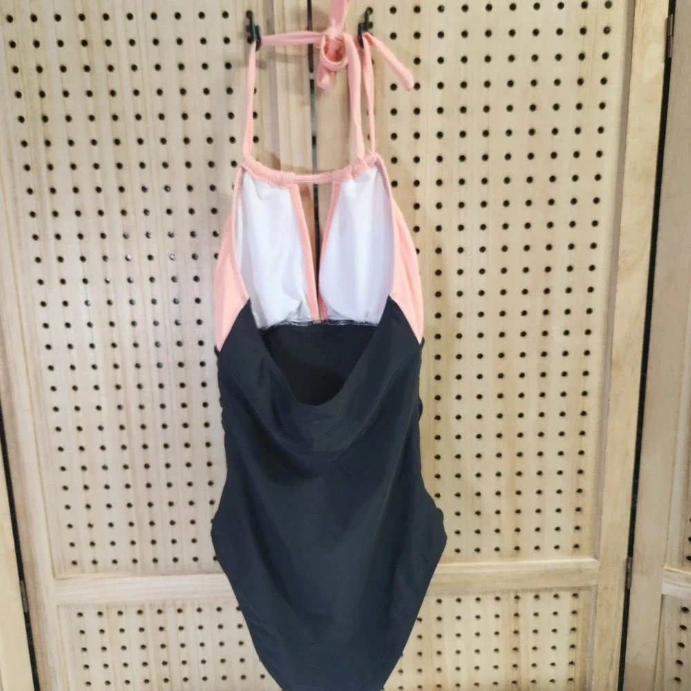 One Piece Swimsuit Women's Black and Pink Cut Out Halter Tie Neck Ruched S beach